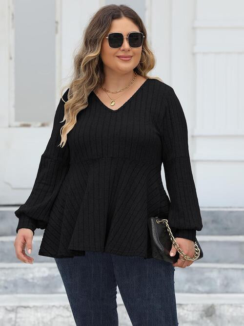 Full Figured Size Ribbed V-Neck Long Sleeve Blouse by VYSN