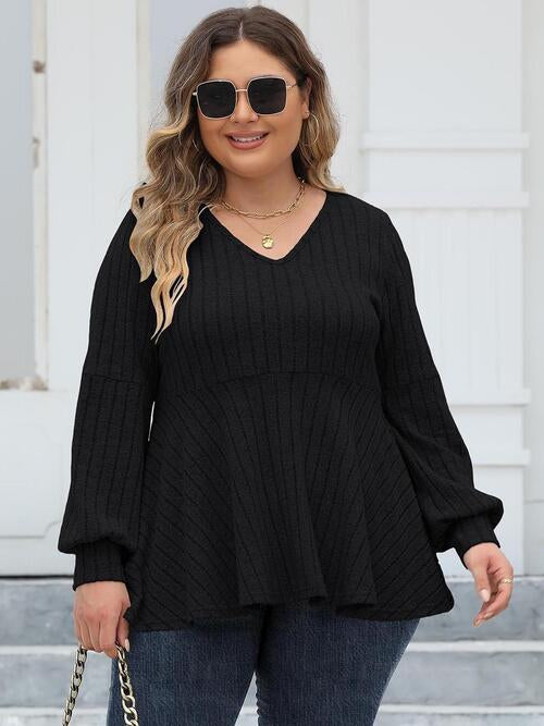 Full Figured Size Ribbed V-Neck Long Sleeve Blouse by VYSN