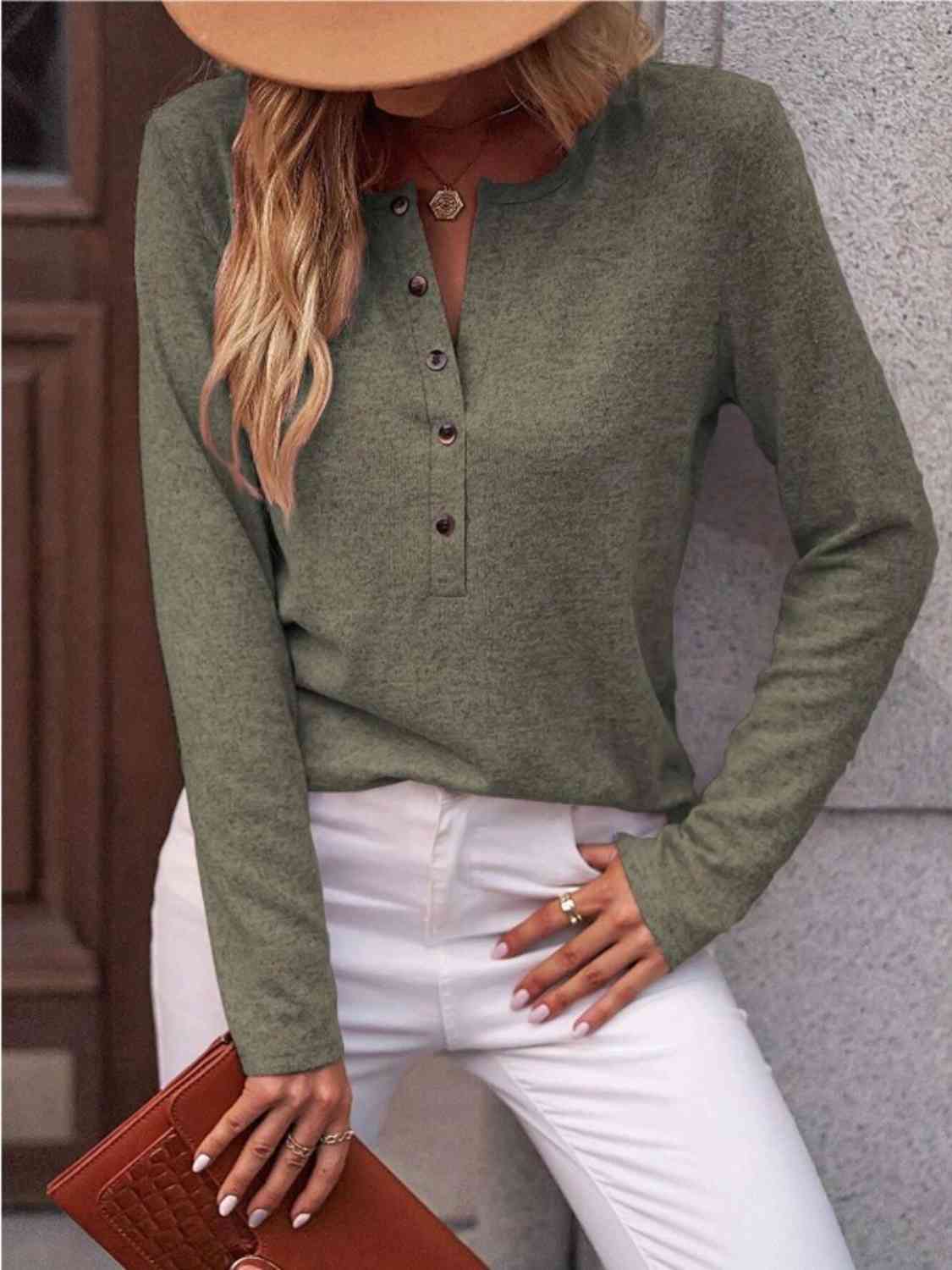 Round Neck Buttoned Long Sleeve T-Shirt by VYSN
