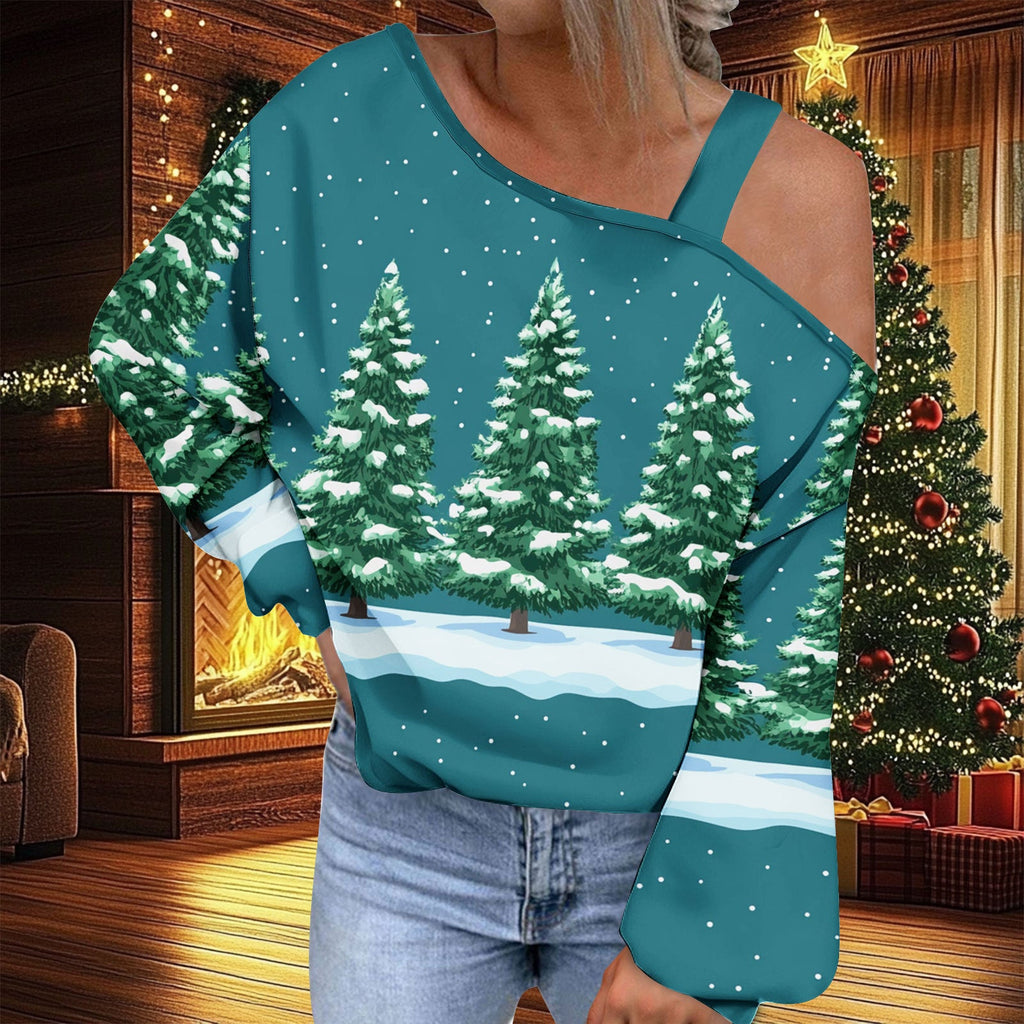 Christmas Women's Fashion Trend Diagonal Collar T-shirt by G8Central.com