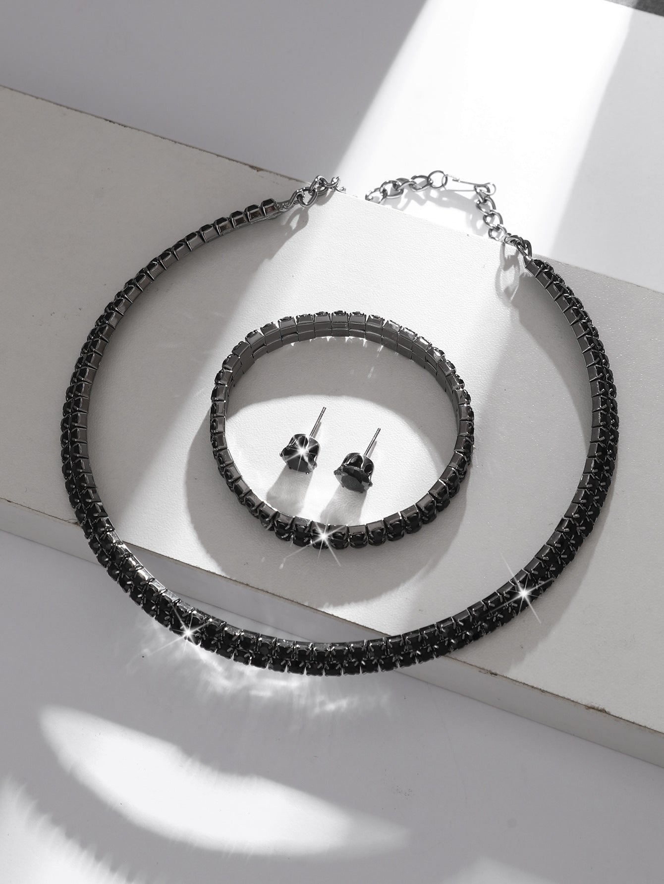 European And American Cross-Border Jewelry Three-Row Rhinestone Necklace Zircon Earrings Bracelet Elastic Ring Bridal Suit Dress Accessories