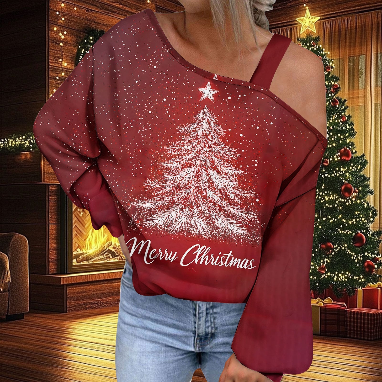 Christmas Women's Fashion Trend Diagonal Collar T-shirt by G8Central.com