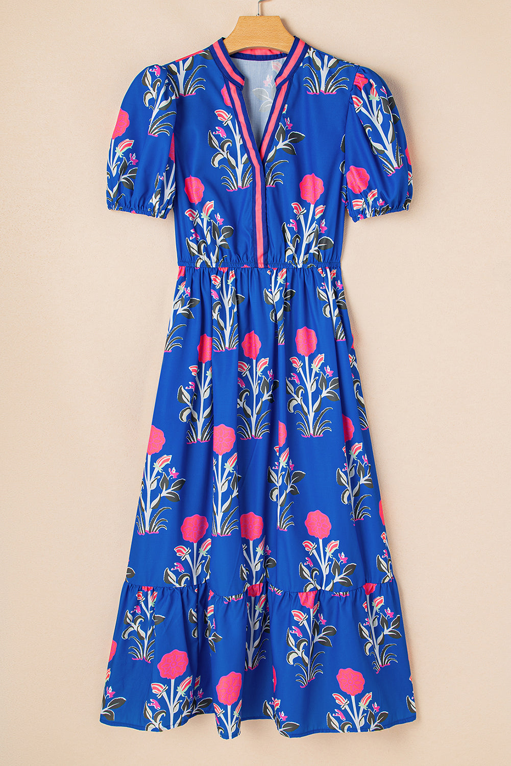 Julietta Floral Puff Short Sleeve V Neck High Waist Maxi Dress - Threaded Pear