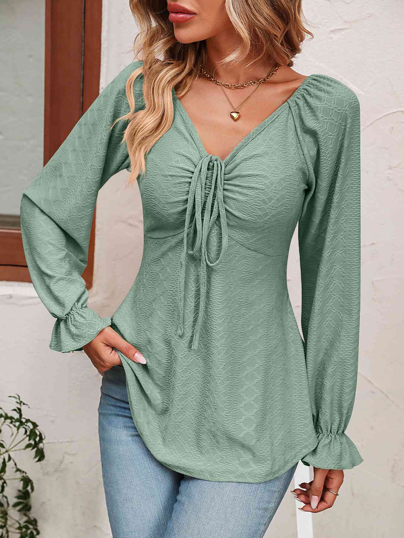 Tie Front V-Neck Puff Sleeve Blouse by VYSN