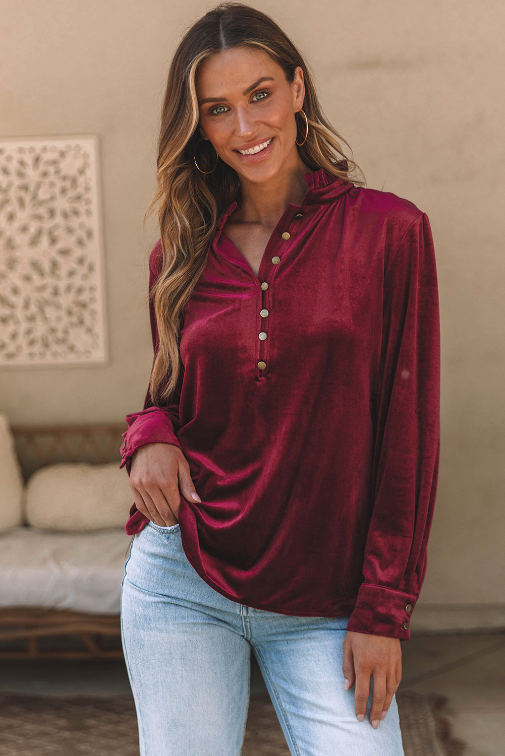 Gwynn Frilled Neck Buttoned Front Velvet Top - Threaded Pear
