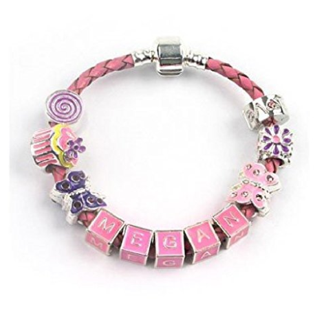 Children's Personalised Name 'Birthday Girl' Pink Leather Charm Bead Bracelet by Liberty Charms USA