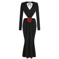 Black V-Neck Backless Long Sleeves Skirt Waist Gown