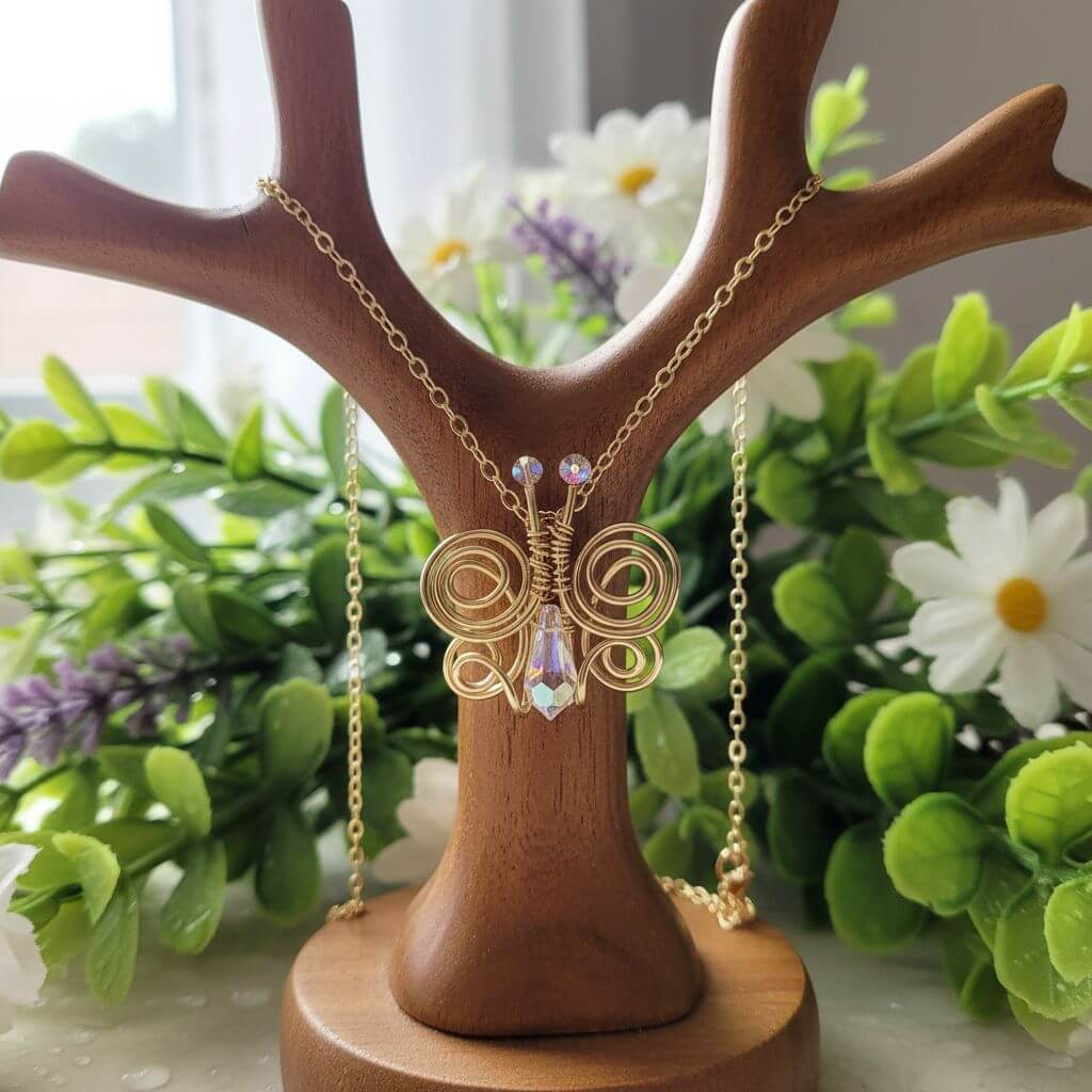 Handmade Wire Sculpted Crystal Butterfly Necklace