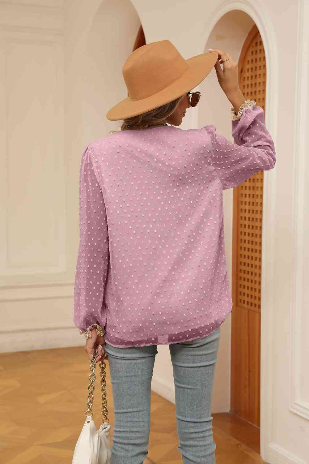Swiss Dot Contrast V-Neck Blouse by VYSN