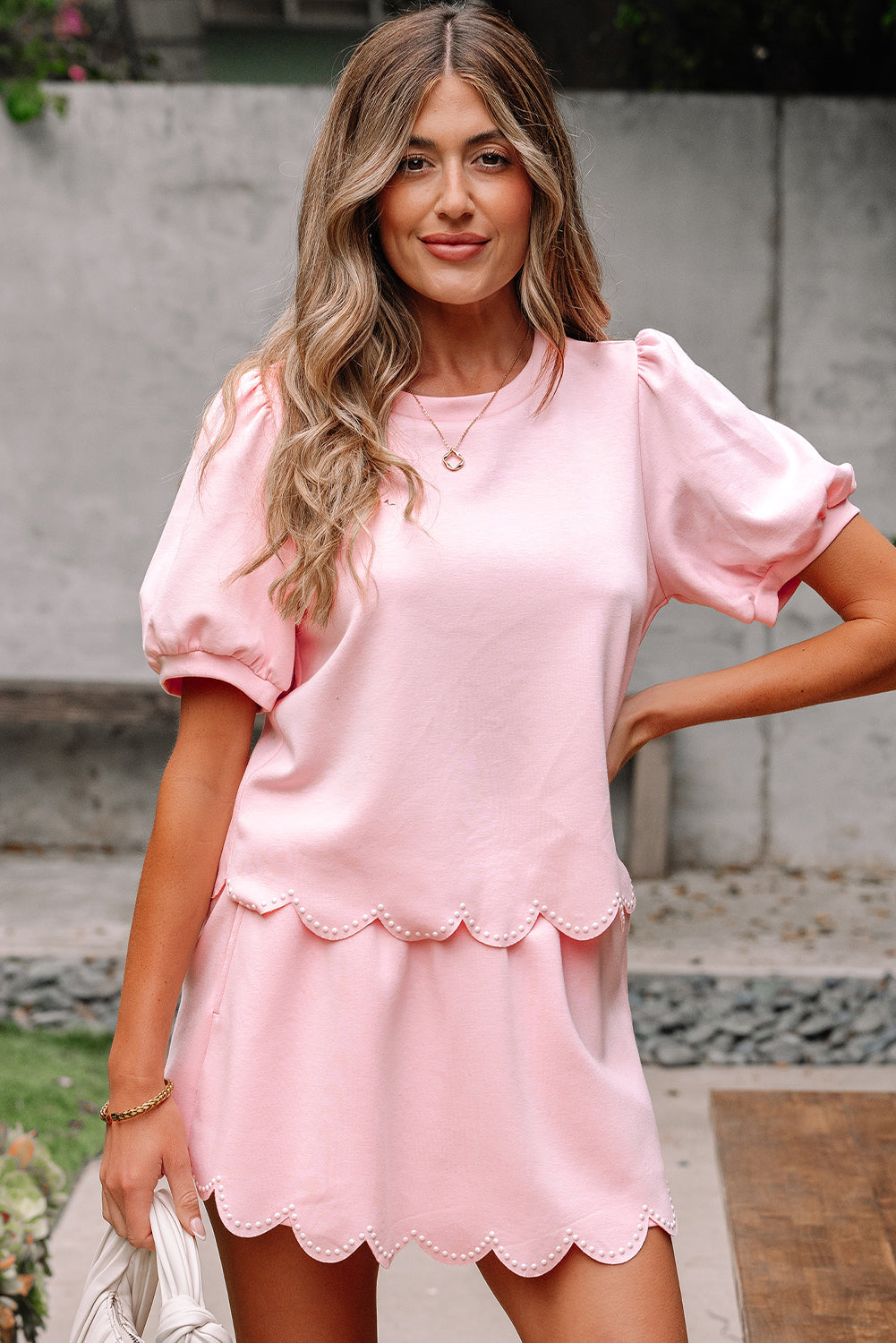 Nova Puff Sleeve Pearl Embellished Scallop Set by Threaded Pear