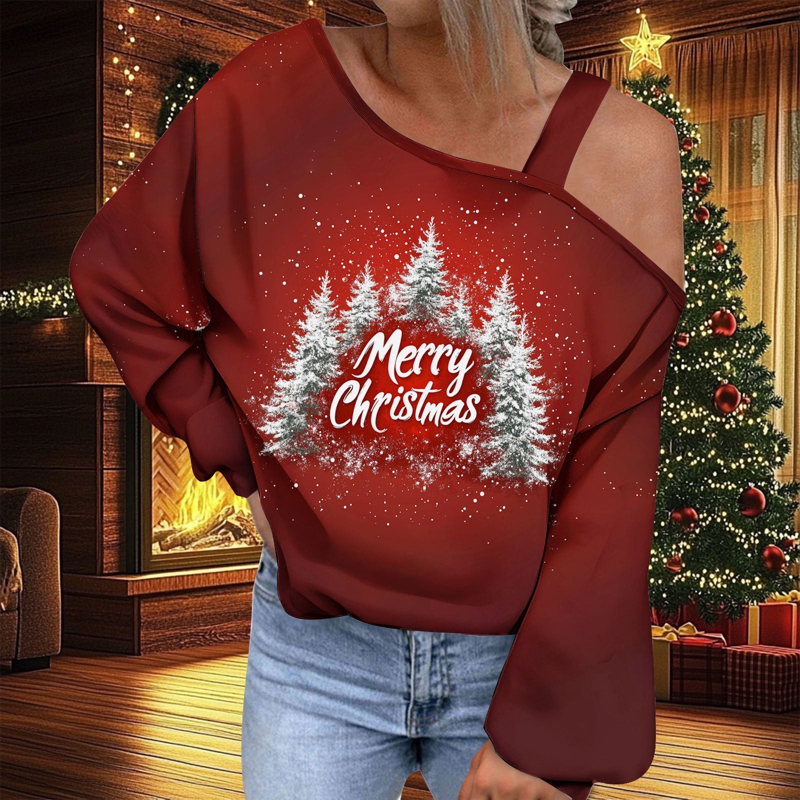 Christmas Women's Fashion Trend Diagonal Collar T-shirt by G8Central.com