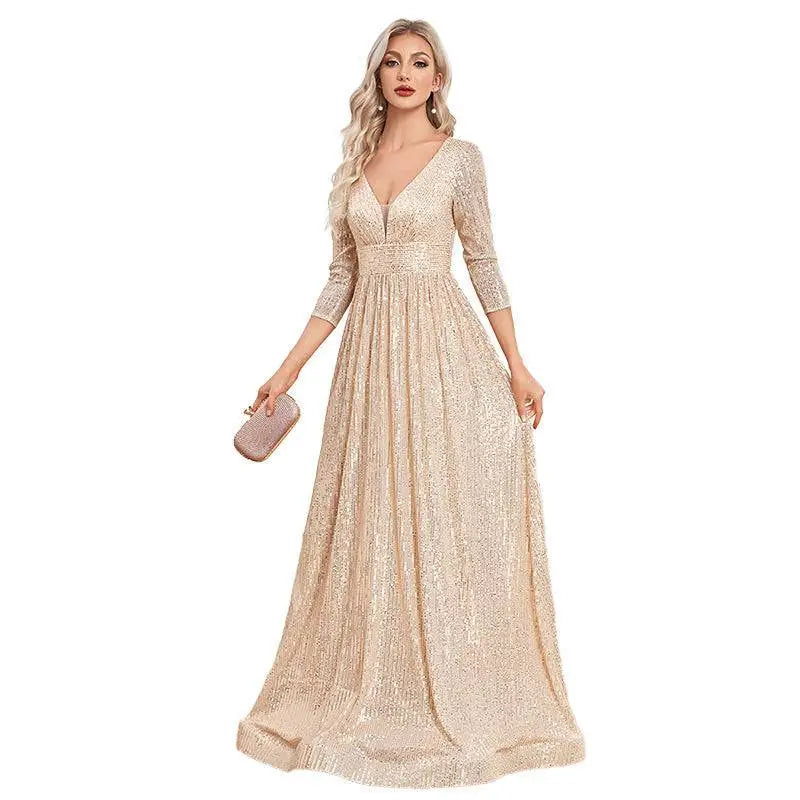 Champagne Sequined High Waist Party Formal Dress
