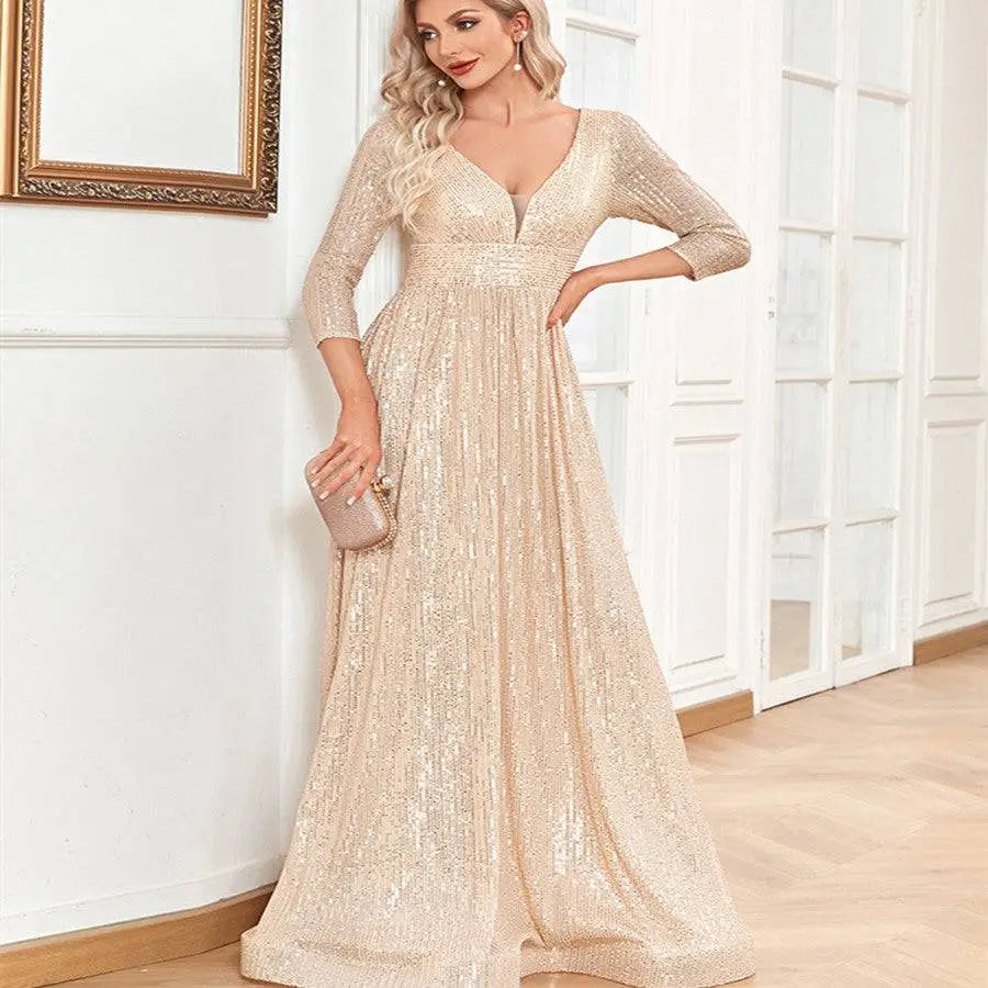 Champagne Sequined High Waist Party Formal Dress