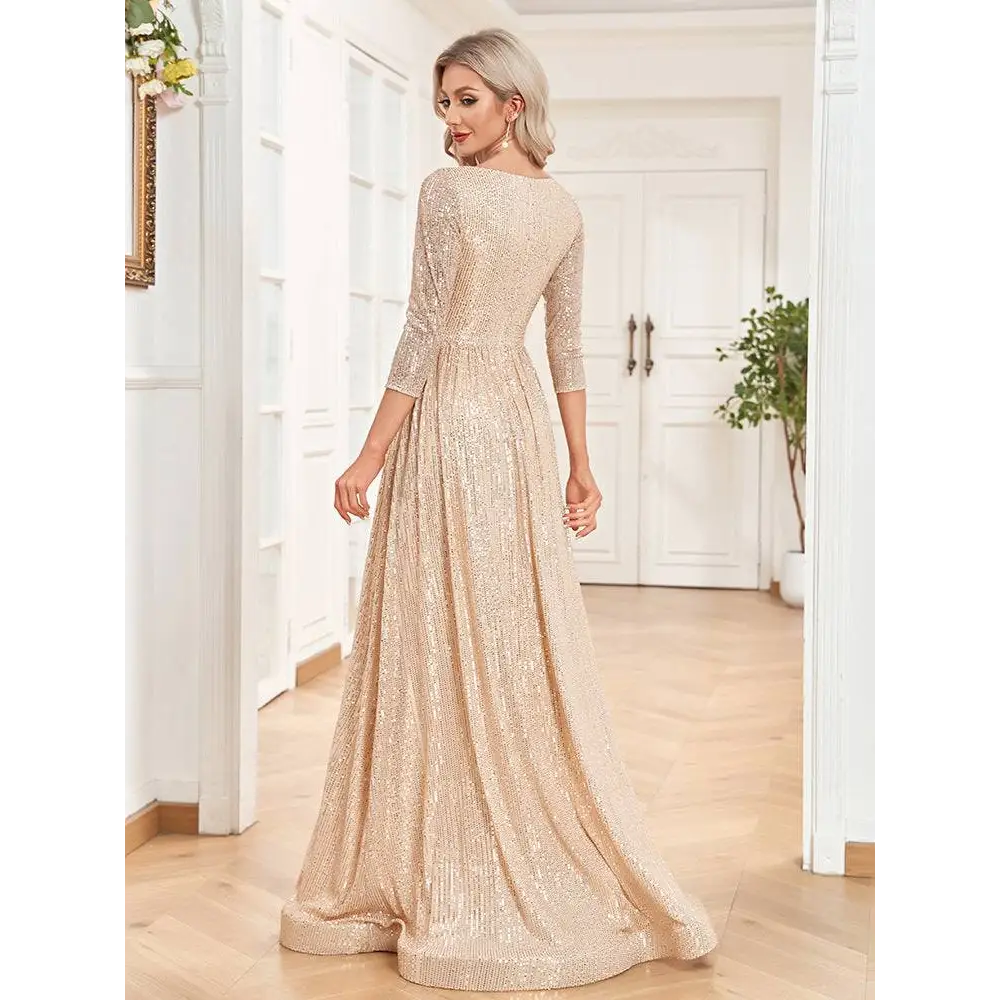 Champagne Sequined High Waist Party Formal Dress