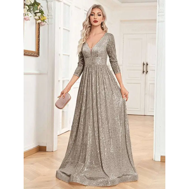 Champagne Sequined High Waist Party Formal Dress