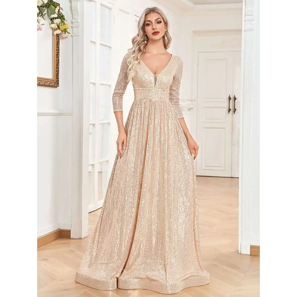 Champagne Sequined High Waist Party Formal Dress