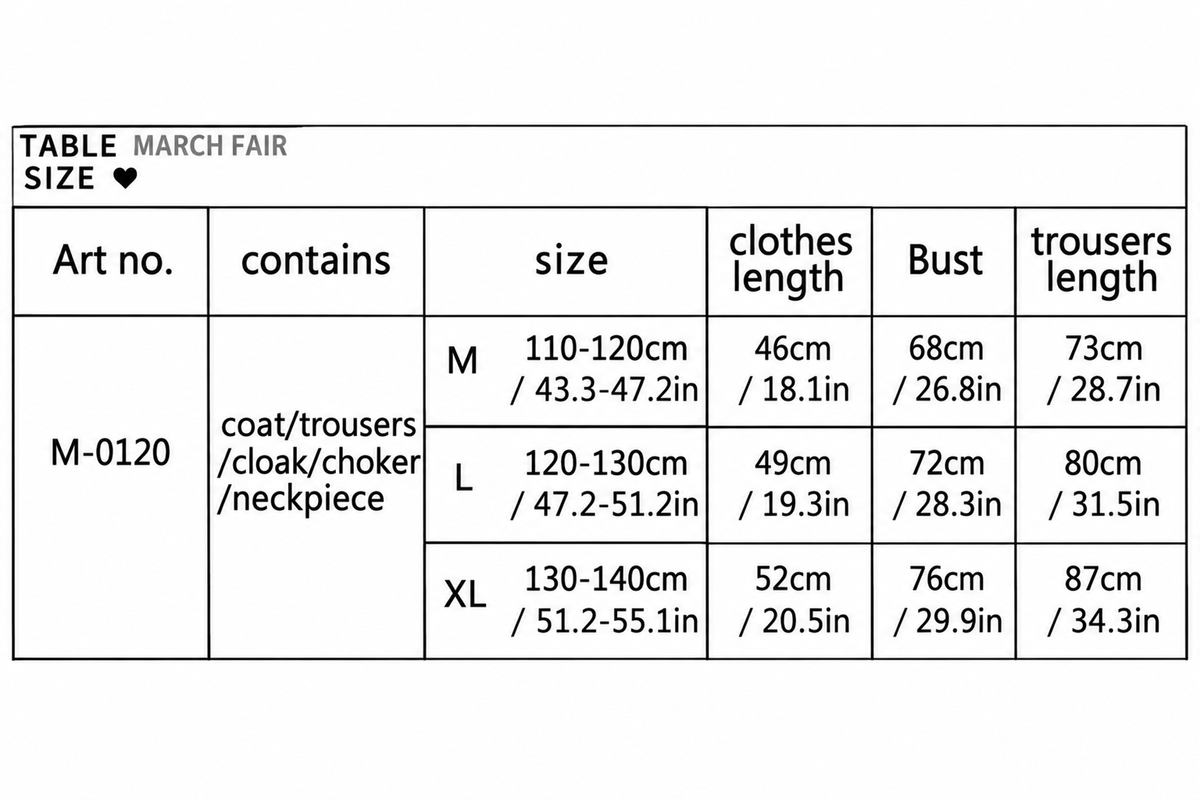Chart 2 with centimeter and US inch measurements