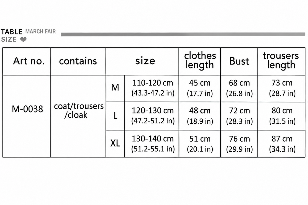 Chart 4 with centimeter and US inch measurements
