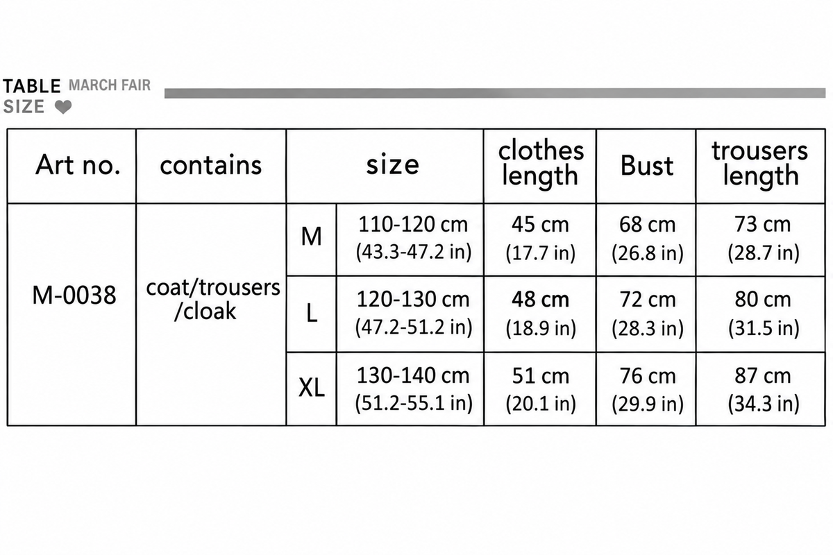 Chart 4 with centimeter and US inch measurements