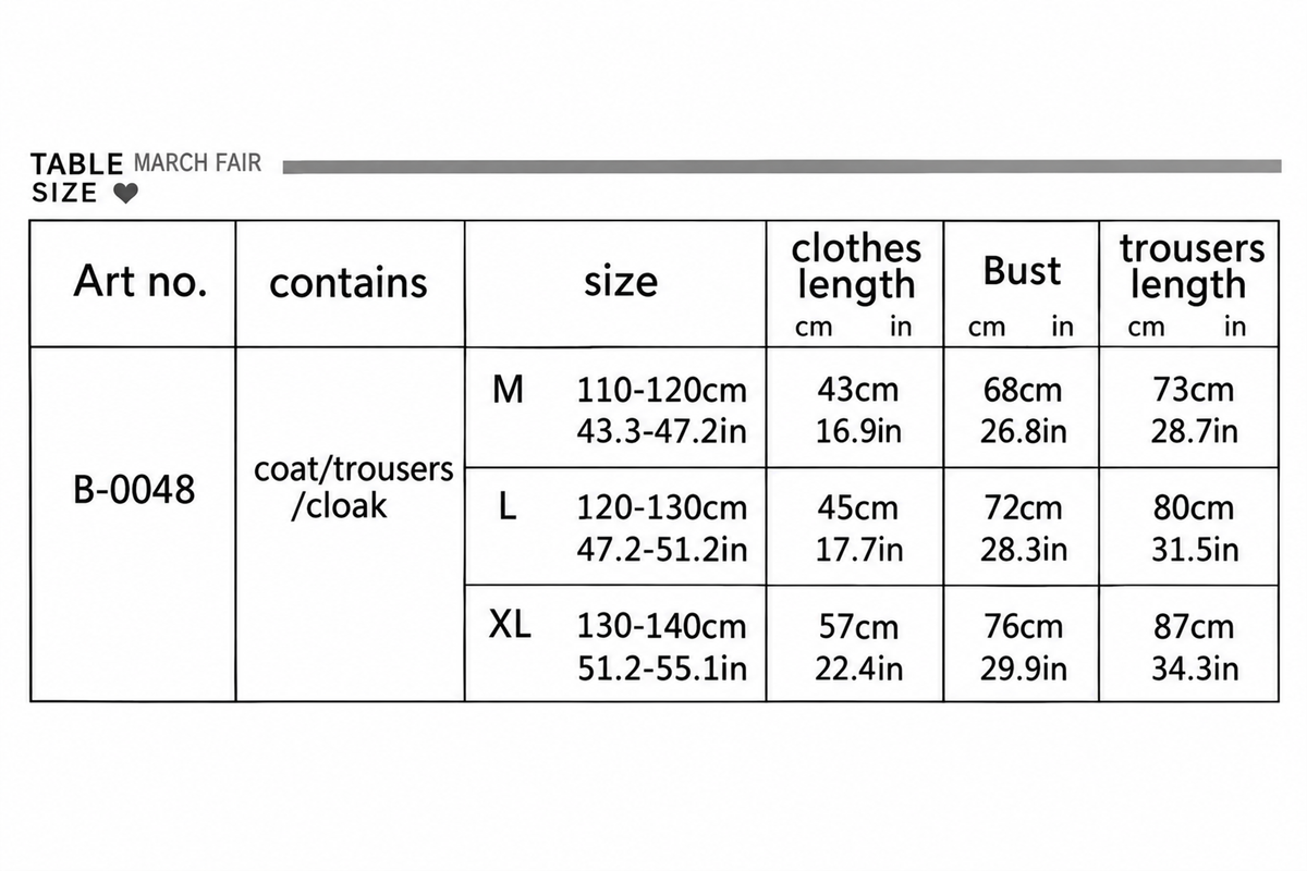 Chart 5 with centimeter and US inch measurements