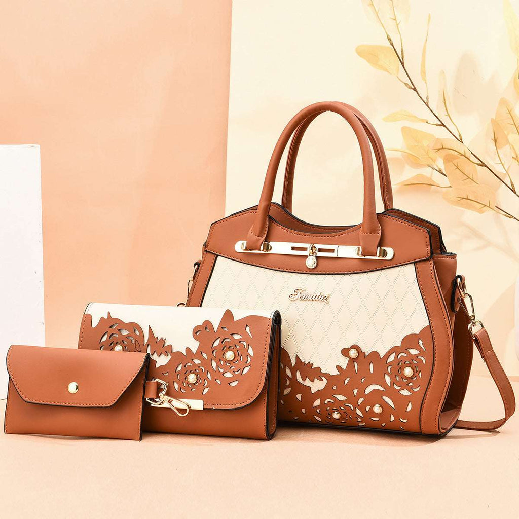 The Floral Trio - 3-Piece Handbag Set with Laser-Cut Floral Detail