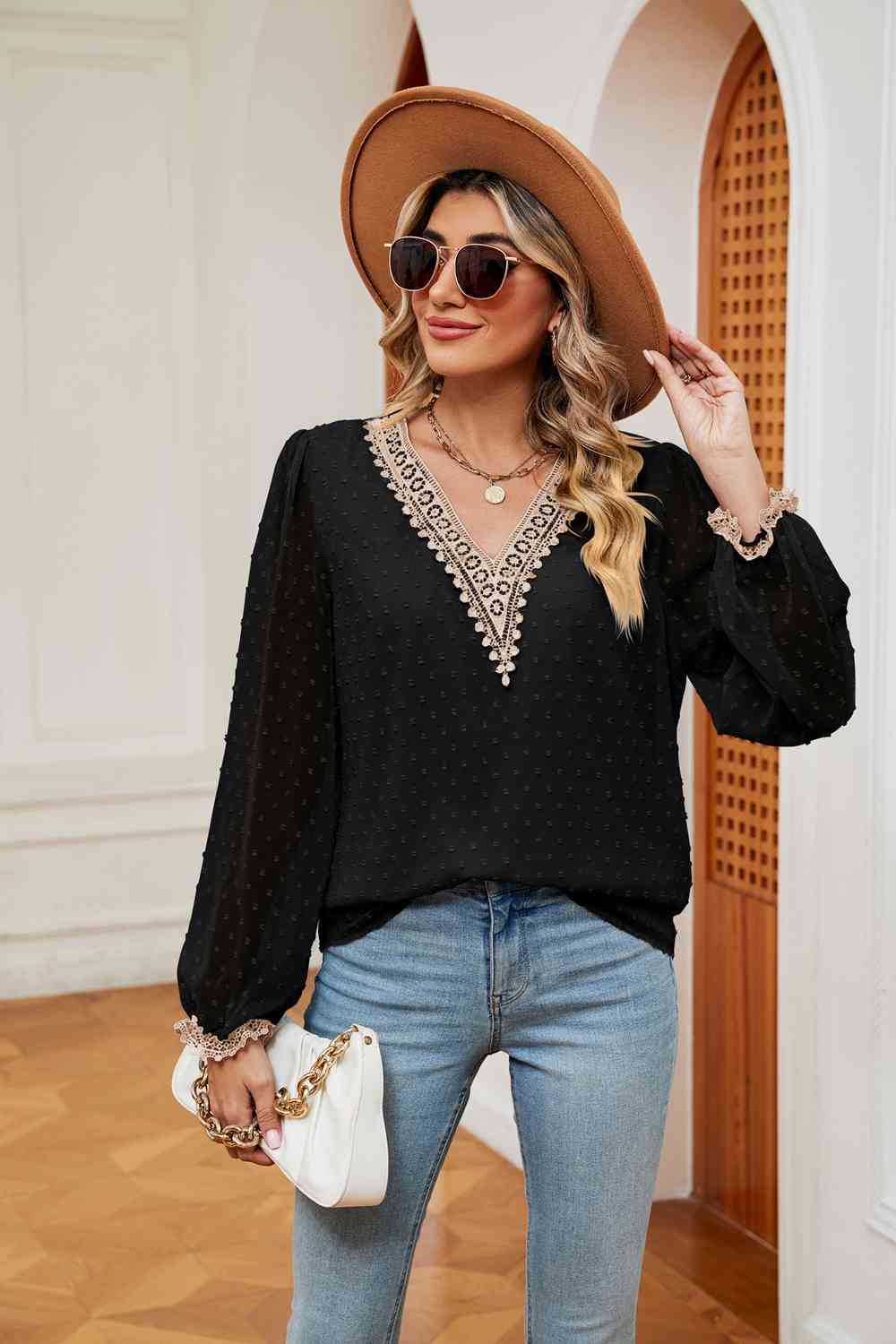 Swiss Dot Contrast V-Neck Blouse by VYSN