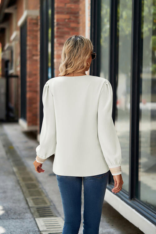 V-Neck Lace Detail Long Sleeve Top by VYSN