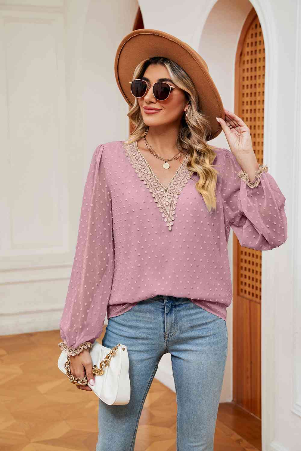 Swiss Dot Contrast V-Neck Blouse by VYSN