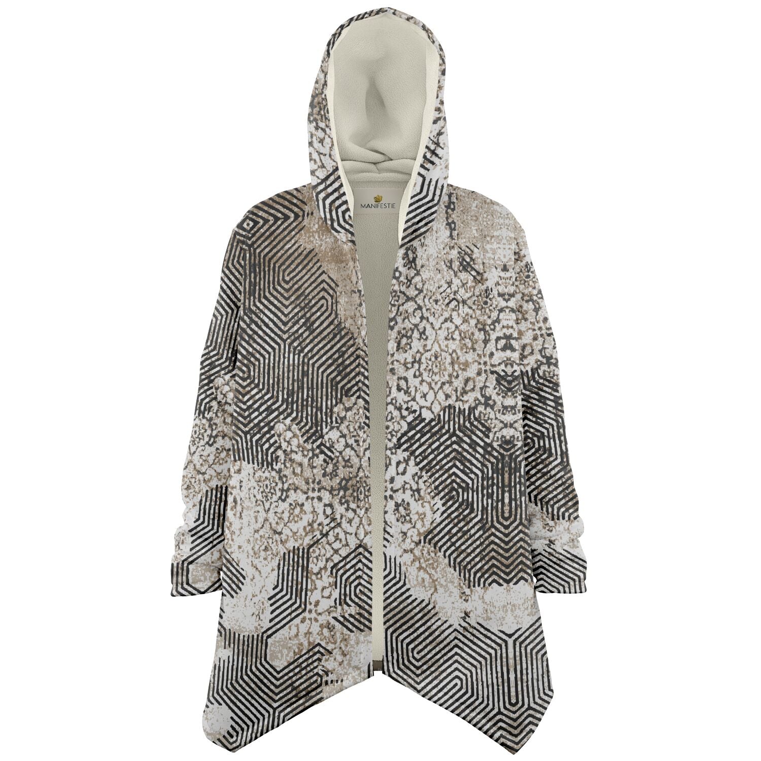 Past and Future Cuddle Cloak | Beige, Brown, Cream | Unisex Minky Sherpa Hooded Coat | Women and Mens Festival Coat | Mountain Fashion by Manifestie