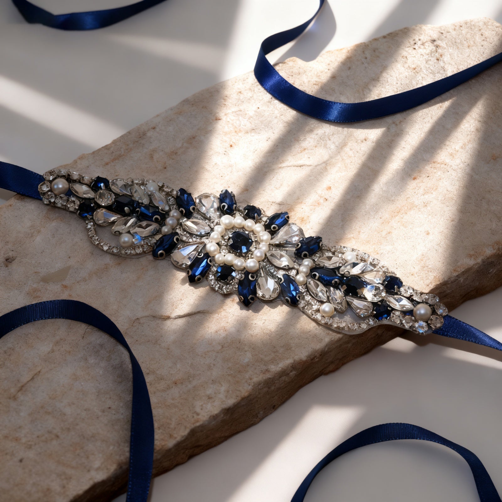 Navy Rhinestone Pearl Bridal Belt Wedding Sash – Bridella BS188ML by Bridella