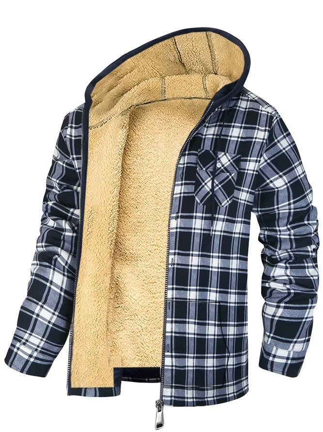 Men's Plaid Print Hooded Zip-Up Jacket Winter Thickened Cotton-padded Coat Warm Clothing by 510_Athletics LLC