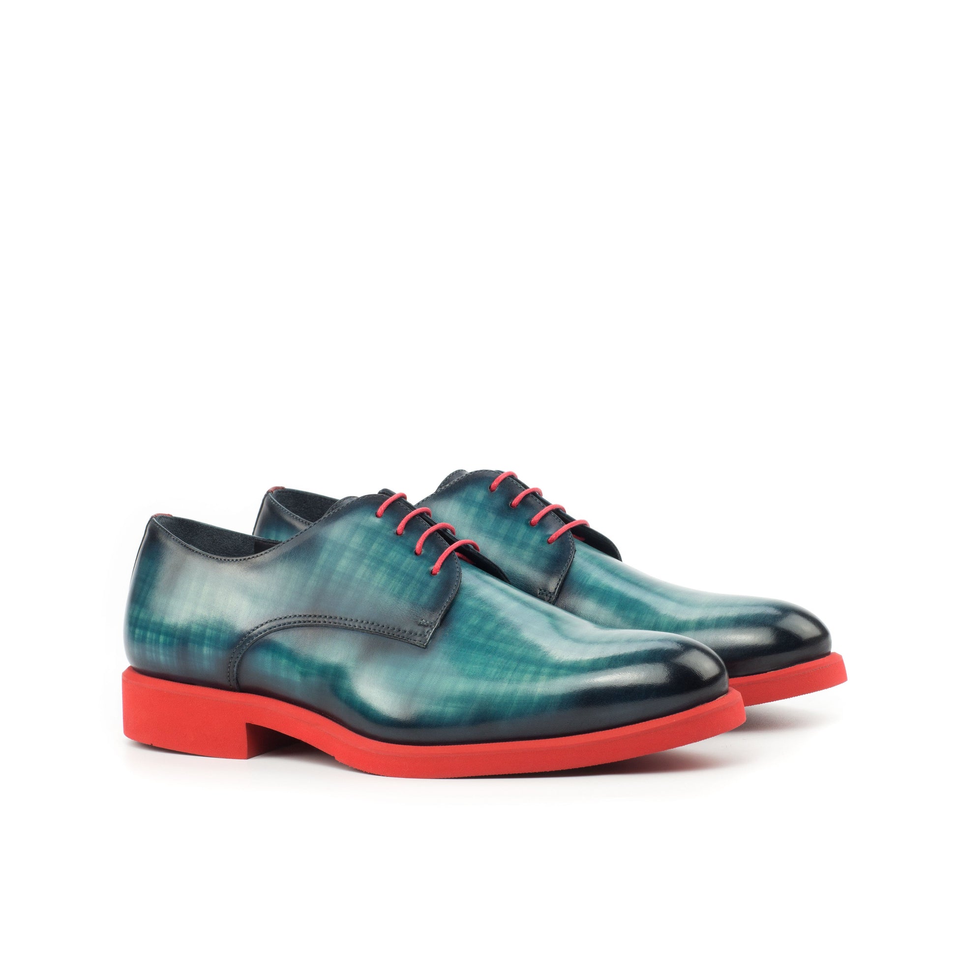 Handcrafted Red Painted Calf Turquoise Patina Derby