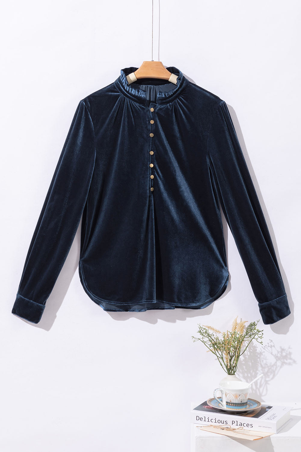 Gwynn Frilled Neck Buttoned Front Velvet Top - Threaded Pear