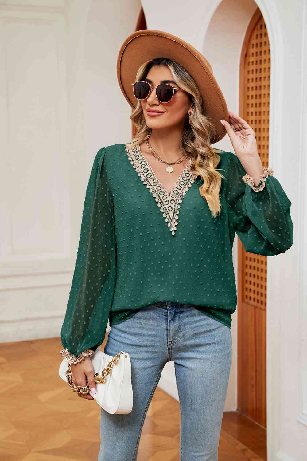 Swiss Dot Contrast V-Neck Blouse by VYSN