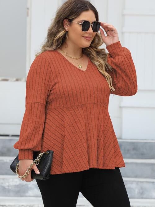 Full Figured Size Ribbed V-Neck Long Sleeve Blouse by VYSN