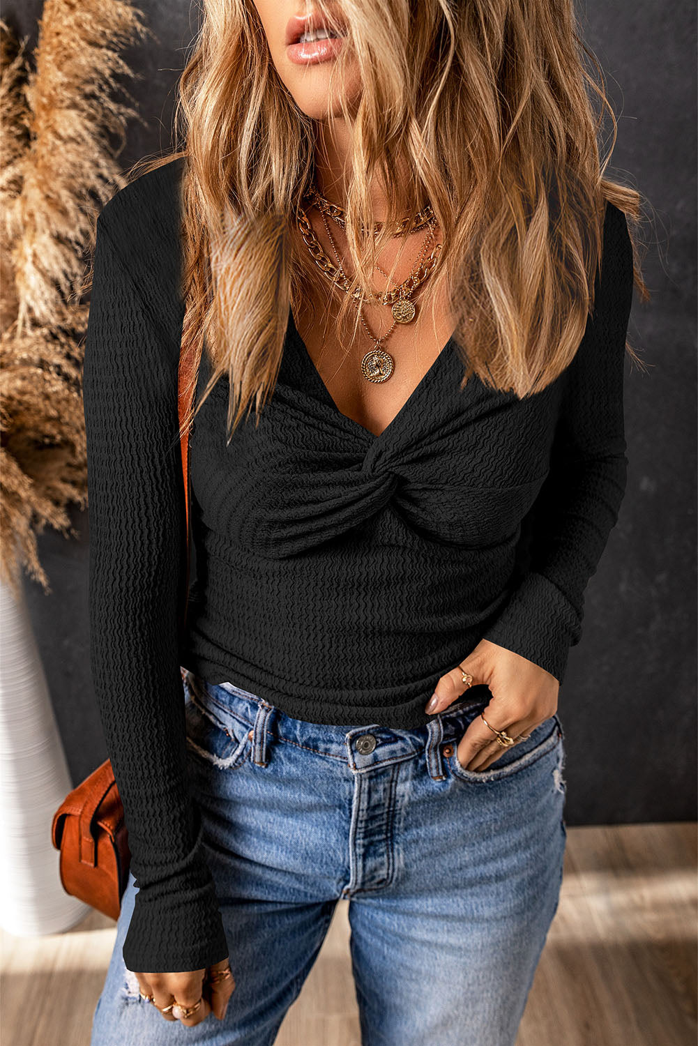 Alice Textured Twist Front V Neck Long Sleeve Top - Threaded Pear