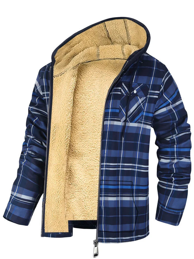 Men's Plaid Print Hooded Zip-Up Jacket Winter Thickened Cotton-padded Coat Warm Clothing by 510_Athletics LLC