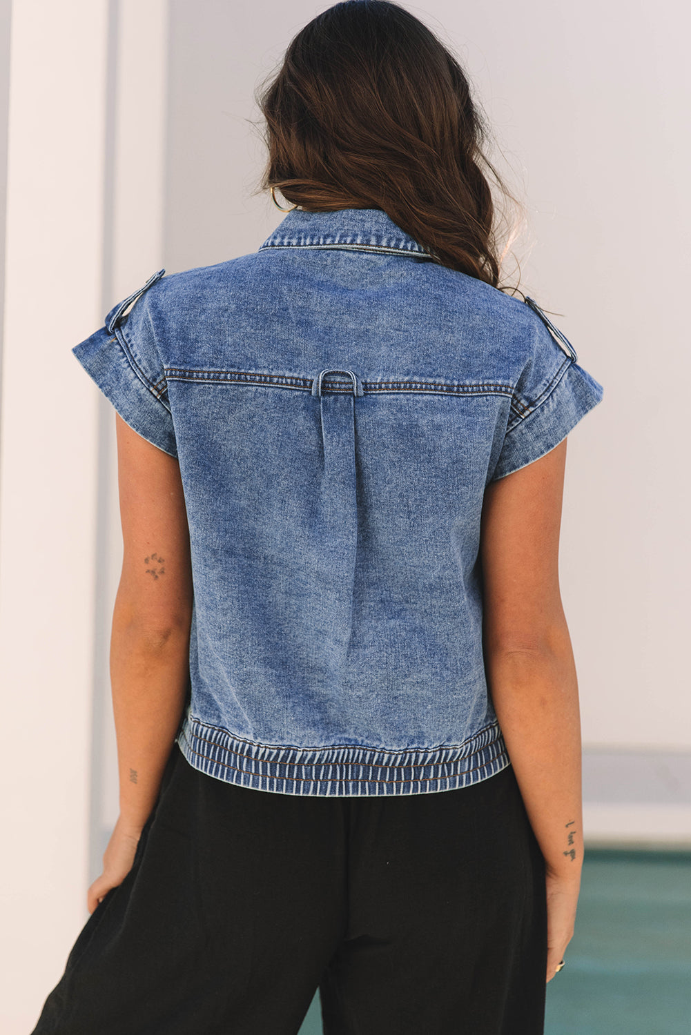 Nora Blue Acid Wash Elastic Hem Button Up Denim Vest - Threaded Pear
