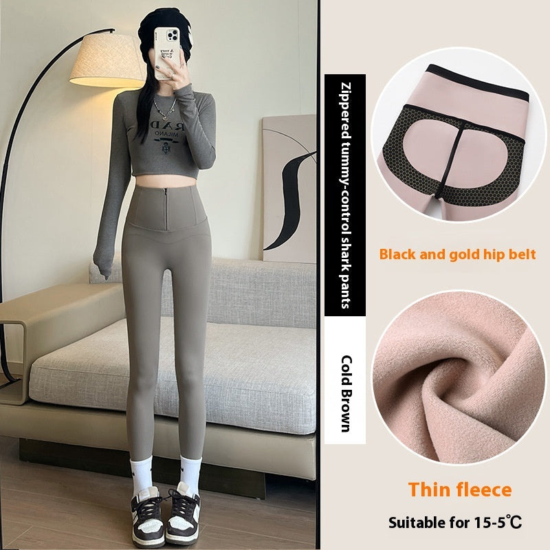 Belly-controlling Butt Lifting Leggings With Three-breasted Design Winter High Waist Slim Zipper Pants Warm Velvet And Thickened Trousers Women Clothing by 510_Athletics LLC