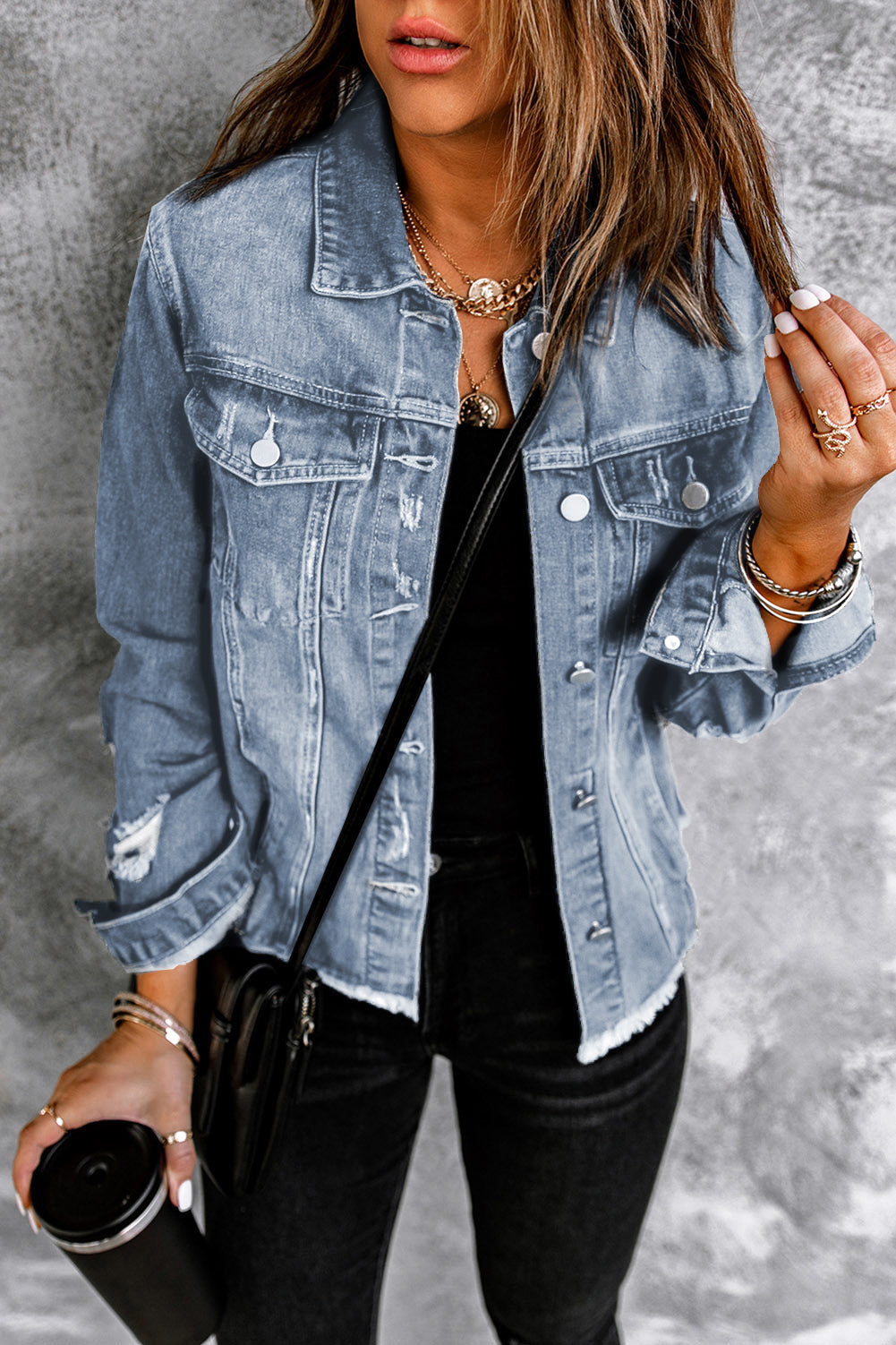 Sofibelle Distressed Raw Hem Jacket by Threaded Pear