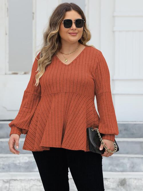 Full Figured Size Ribbed V-Neck Long Sleeve Blouse by VYSN