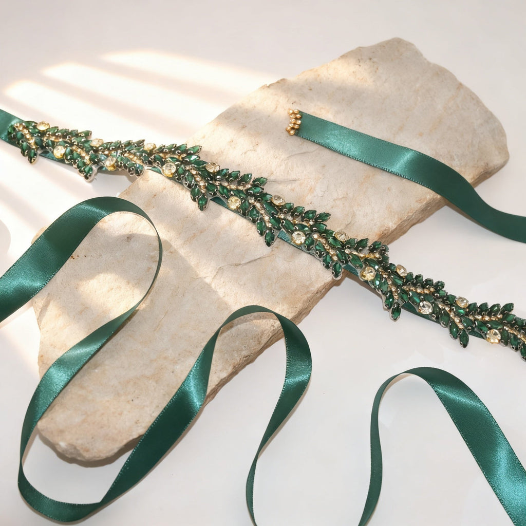 Emerald Rhinestone Bridal Belt Crystal Wedding Sash Adjustable BS242KL Bridella by Bridella