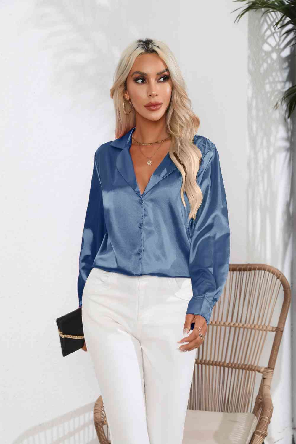 Lapel Collar Button Up Long Sleeve Shirt by VYSN