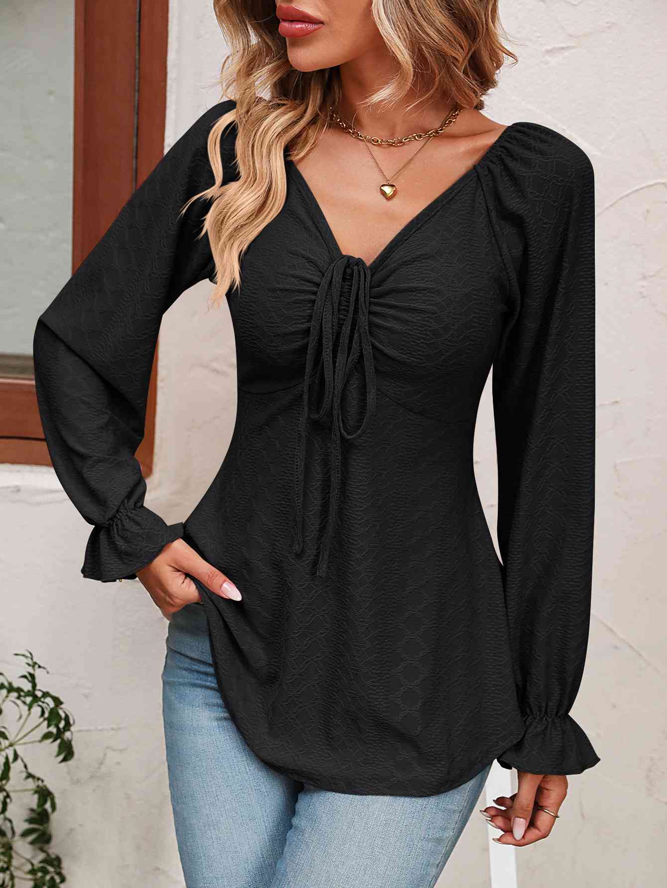 Tie Front V-Neck Puff Sleeve Blouse by VYSN