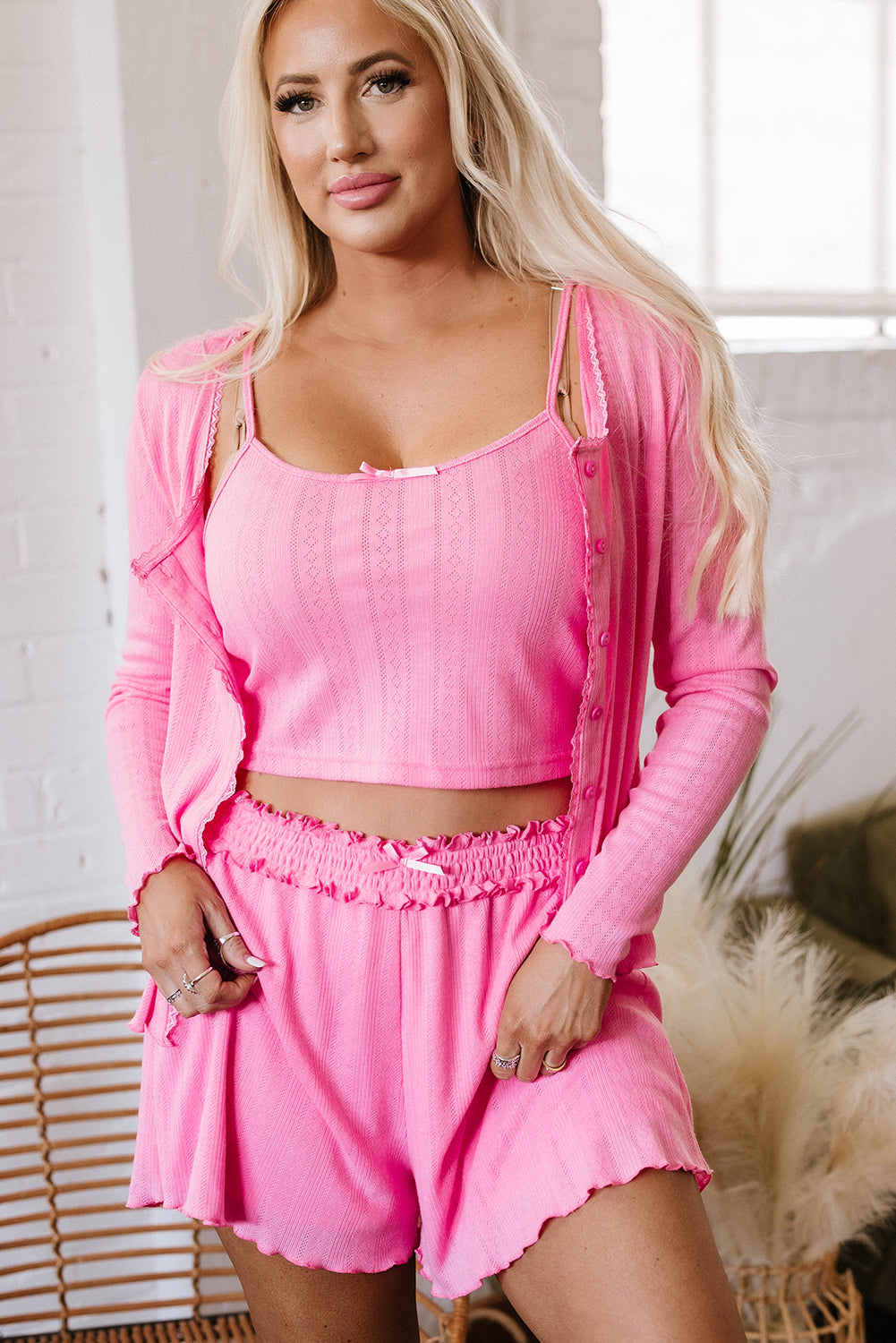 Ayla Cropped Cami Shorts and Cardigan Lounge Set - Threaded Pear