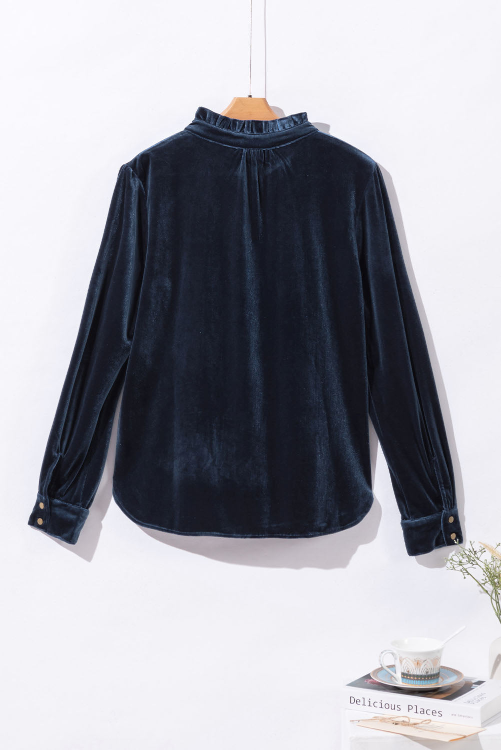 Gwynn Frilled Neck Buttoned Front Velvet Top - Threaded Pear