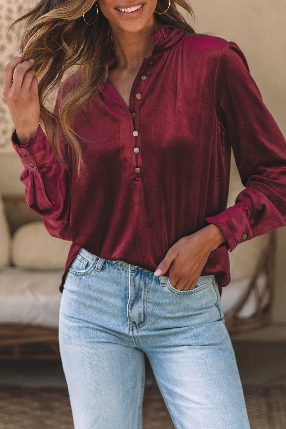 Gwynn Frilled Neck Buttoned Front Velvet Top - Threaded Pear
