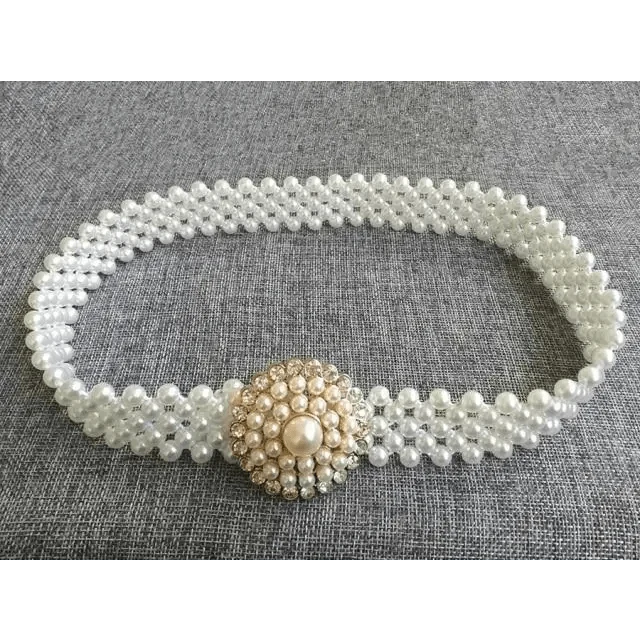 Elegant White Pearl Elastic Buckle Belt For Women Luxurious Strap Pearls Waistband Fashionable Design
