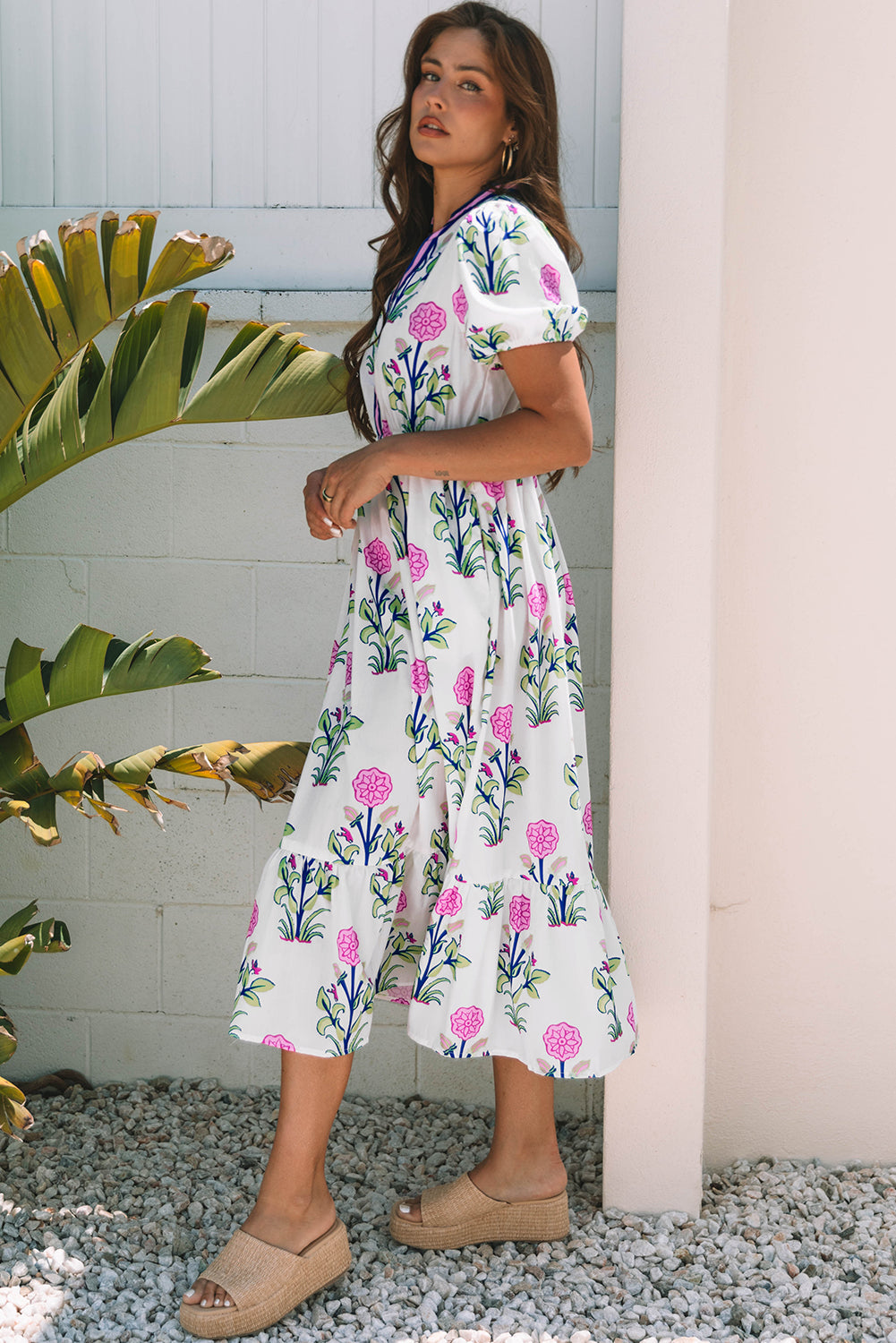 Julietta Floral Puff Short Sleeve V Neck High Waist Maxi Dress - Threaded Pear
