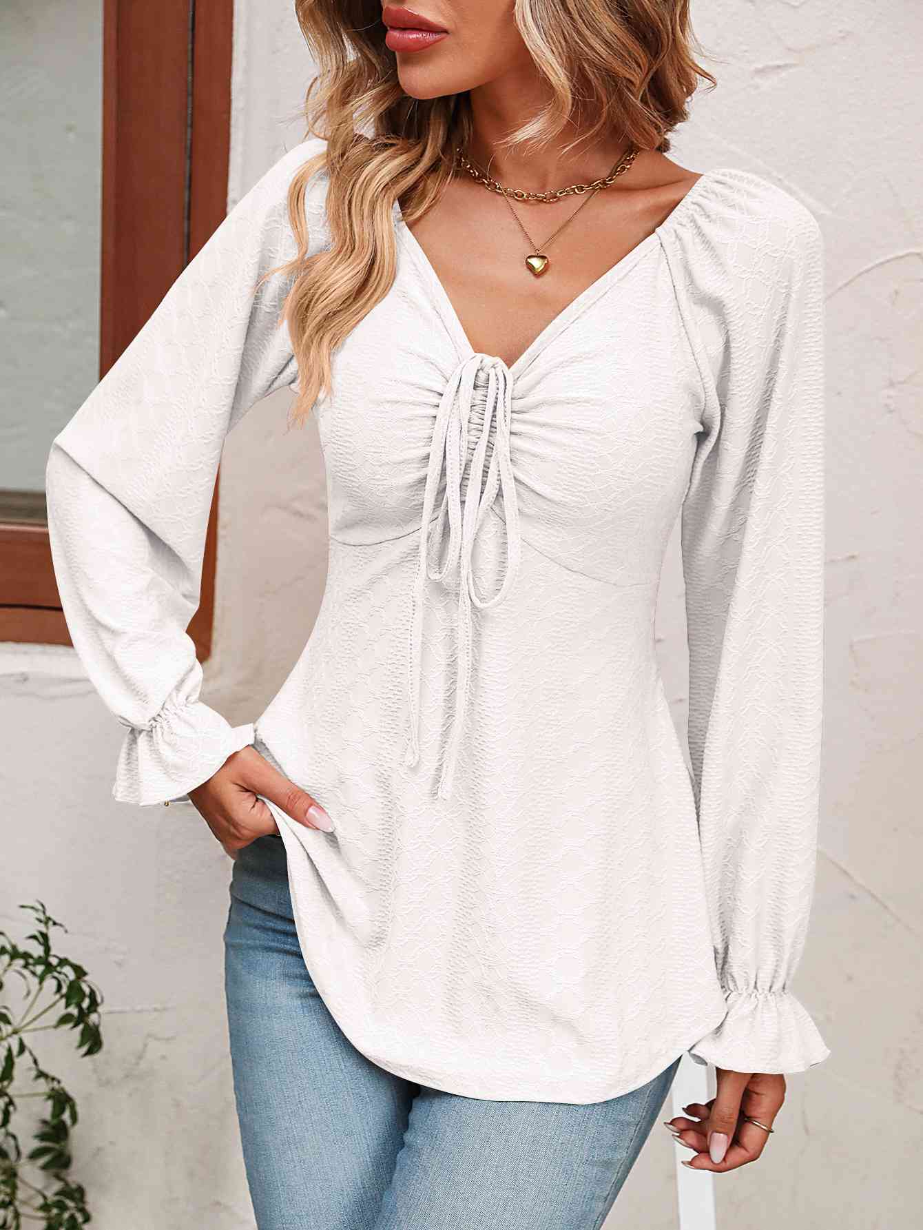 Tie Front V-Neck Puff Sleeve Blouse by VYSN